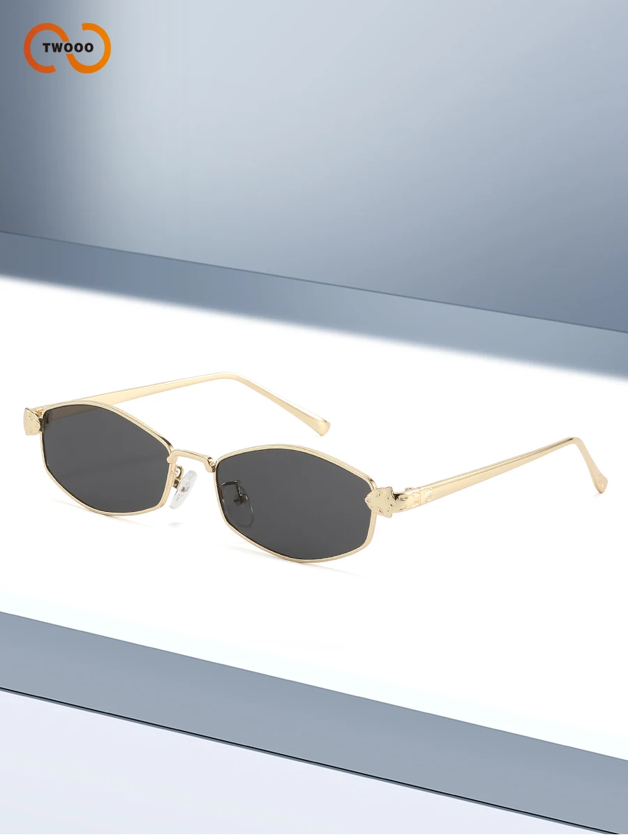 نظارات شمسية نسائية معدنية ذهبية، إطار مضلع هندسي مع تفاصيل زهرة محفورة، ظلال كلاسيكية فاخرة UV400