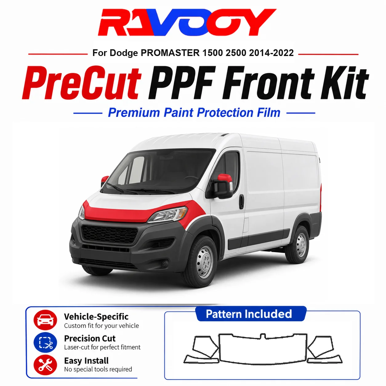 

8.5mil TPU Precut PPF Kit For Dodge PROMASTER 1500 2500 2014-2022 - Hood, Fenders & Mirror Set - Self-Healing Clear Bra Film