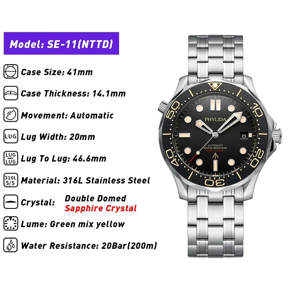 PHYLIDA-Reloj Automático PT5000 MIYOTA, pulsera sólida de cristal de zafiro, resistente al agua, 200M, 007 NTTD, 20Bar