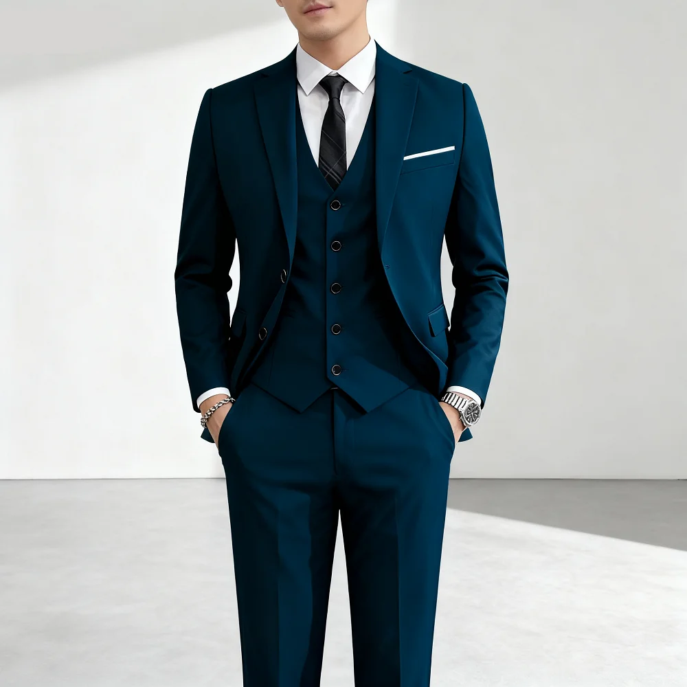 

Men's Wedding Groomsmen Suit Set High-Quality Solid Color Casual Office Menswear Jacket + Vest + Pants