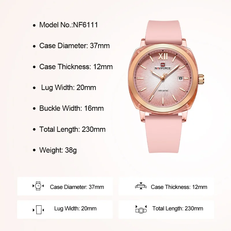 NAVIFORCE Simple Woman Fashion Quartz Watch Calendar Silicone Strap Luminous Pointer 5ATM Waterproof Ladies' Watch NF6111