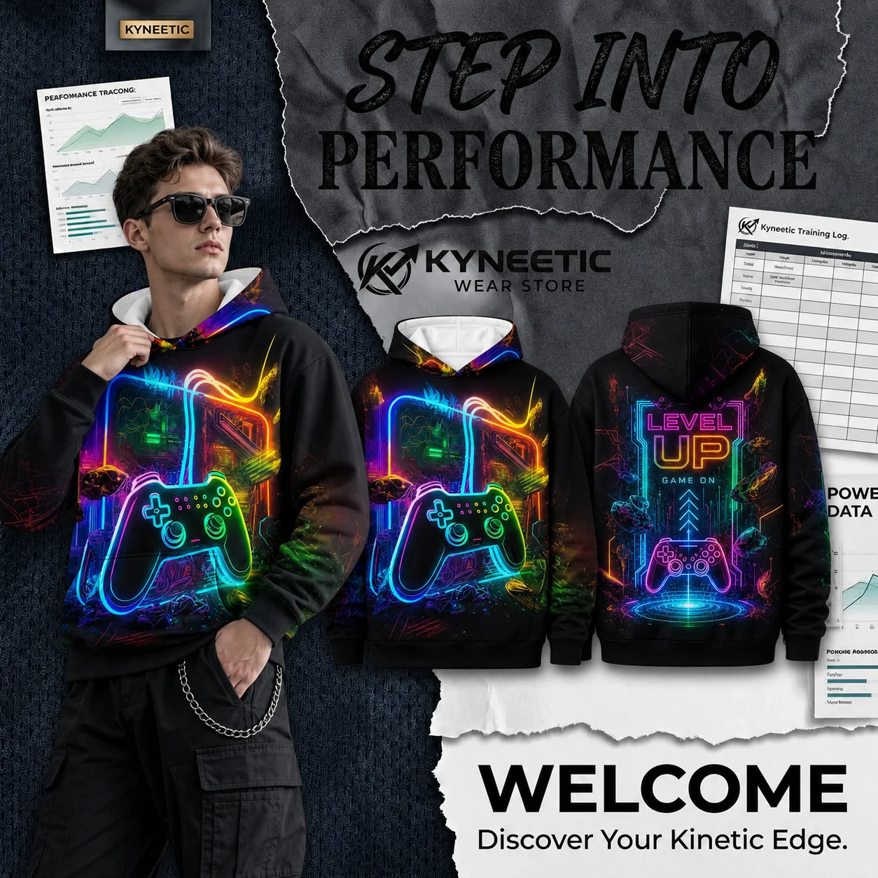 Men's Hoodies Long Sleeve Hooded Sweatshirt Graphic Printed Pullover Gamer Controller Neon Cyberpunk Top Black Friday Christmas