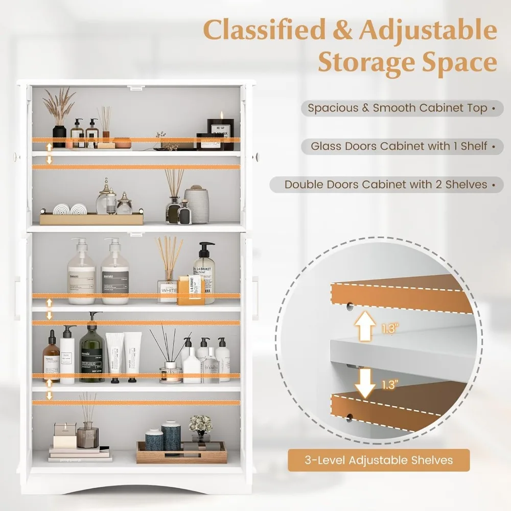 Mobiletto da cucina indipendente con porta in vetro con ripiani regolabili, anti-imbottitura, ideale per soluzioni di stoccaggio del bagno