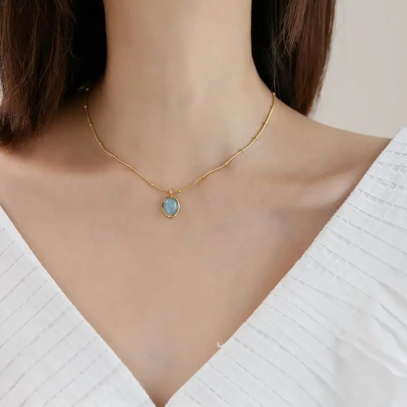 316L Stainless Steel New Fashion Fine Jewelry Oval Sea Blue Opal Beaded Charms Snake Chain Choker Necklaces & Pendants For Women