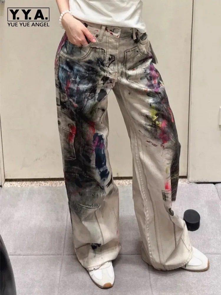 Hip Hop Vintage Graffiti Print Persönlichkeit Jeans Frauen High Street Gerade Hosen Lose Fit Neue Weibliche Casual Denim Hosen