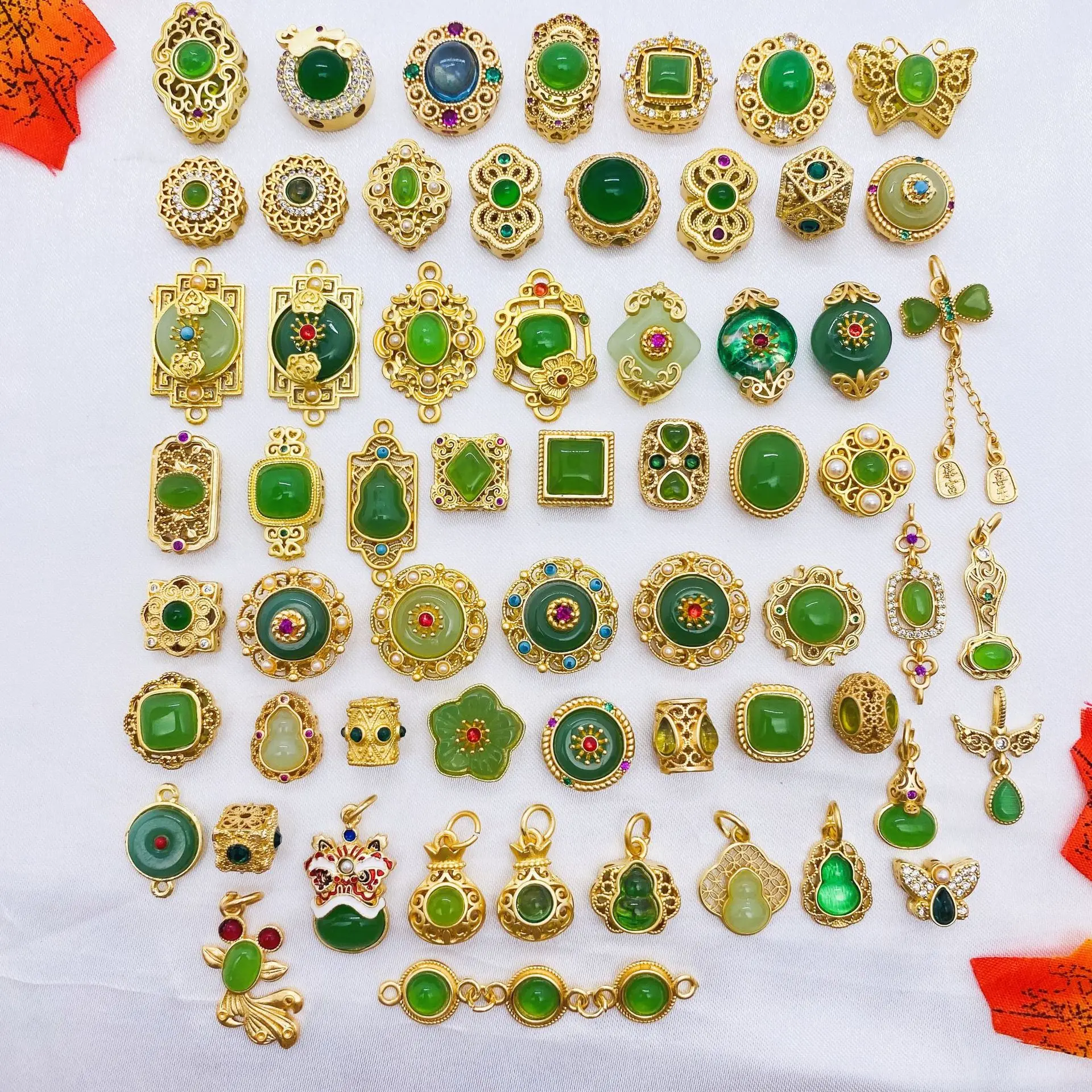 8pcs Copper Gold-plated Inlaid Tourmaline Jade Spacer Beads DIY Necklace Bracelet Jewelry Accessories Beading Materials