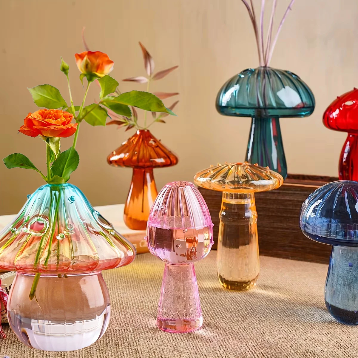 Glass Colorful Mushroom Vase Nordic Style Indoor Home Decor Hydroponic Plant Flower Arrangement Ornament Room Desktop Decoration