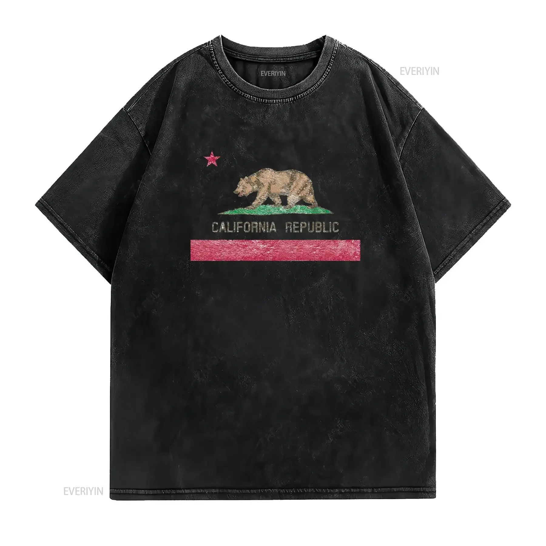 CALIFORNIA STATE FLAG GRIZZLY BEAR CALI DISTRESSED STYLE T Shirt vintage Washed Casual Comfortable streetwear Stretched