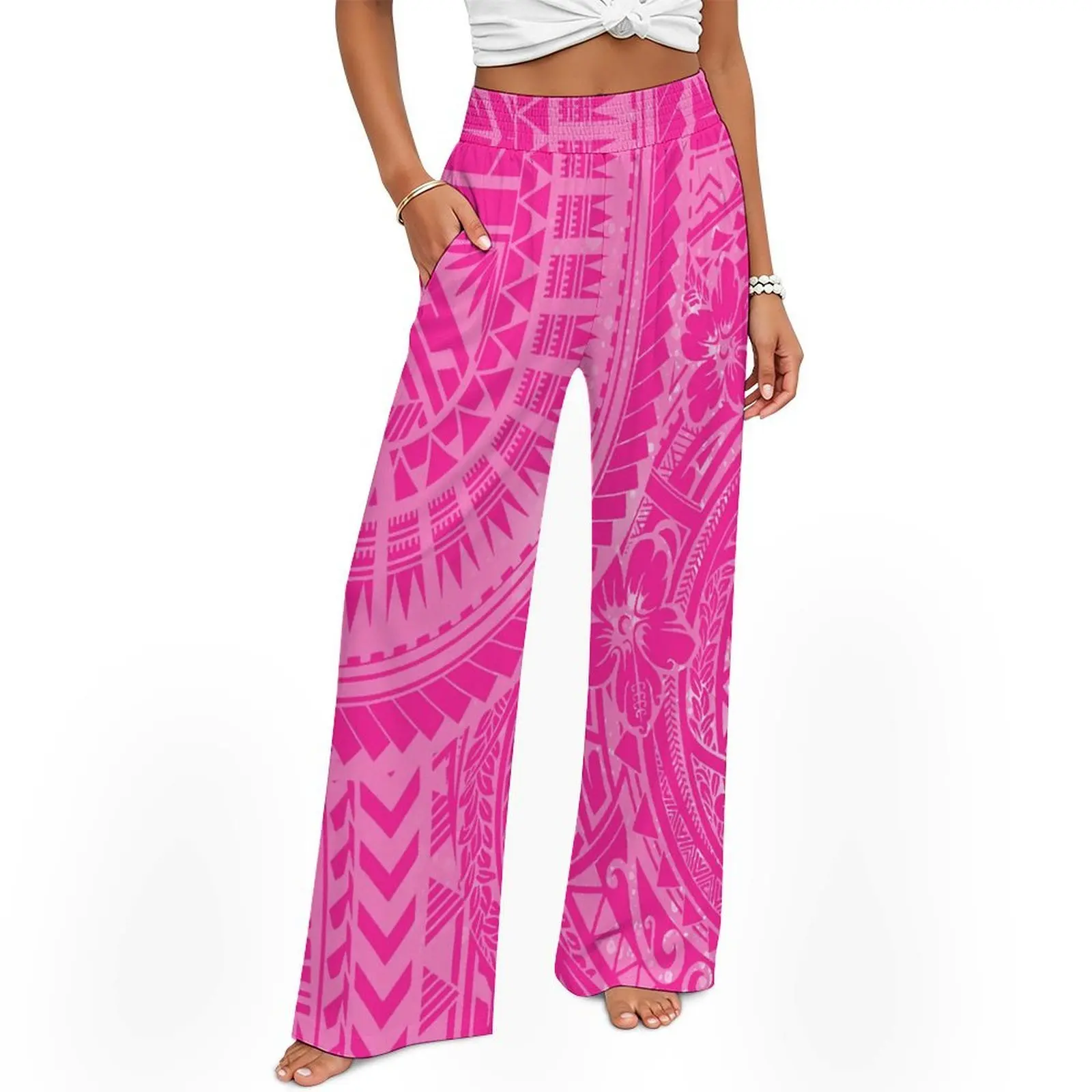 Tribal Designed Floral Print Polynesian Women'S Custom-Made Relaxed Loose Stretch High-Waist Pocket Design Wide-Leg Pants