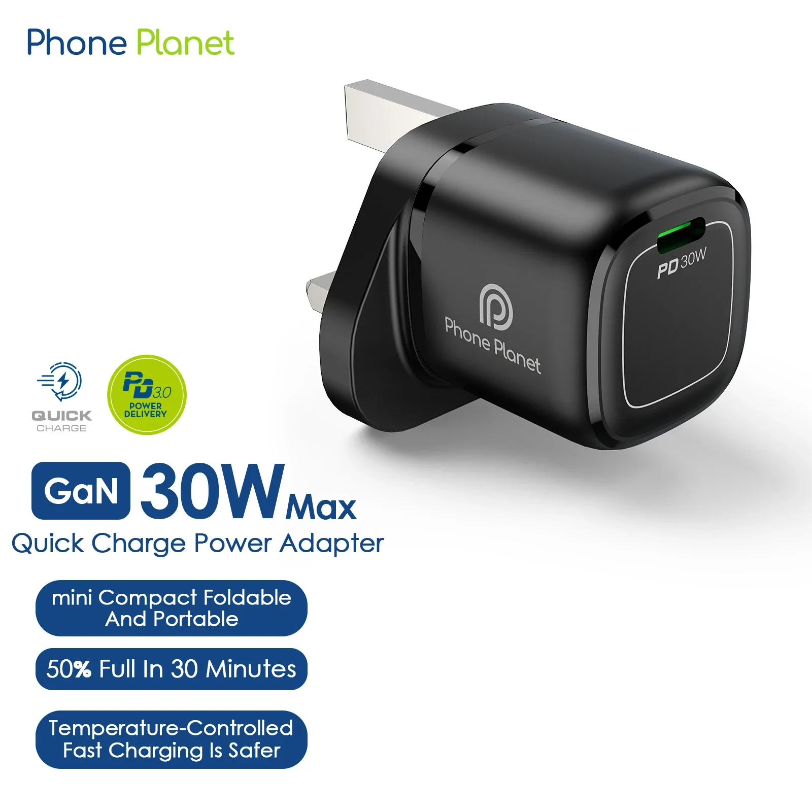 

Быстрый зарядный адаптер GaN 30 Вт (ЕС/США/Великобритания) с разъемом Type-C для iPhone 17, 16, 15, Samsung, Huawei, iPad, ноутбуков и планшетов, не нагревается