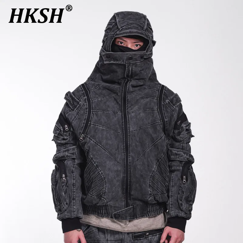 HKSH Autumn Winter Men's Tide Punk Dark Deconstruction Vintage 3D Pockets Techwear High Sense Hooded Cotton Padded Jacket HK3329