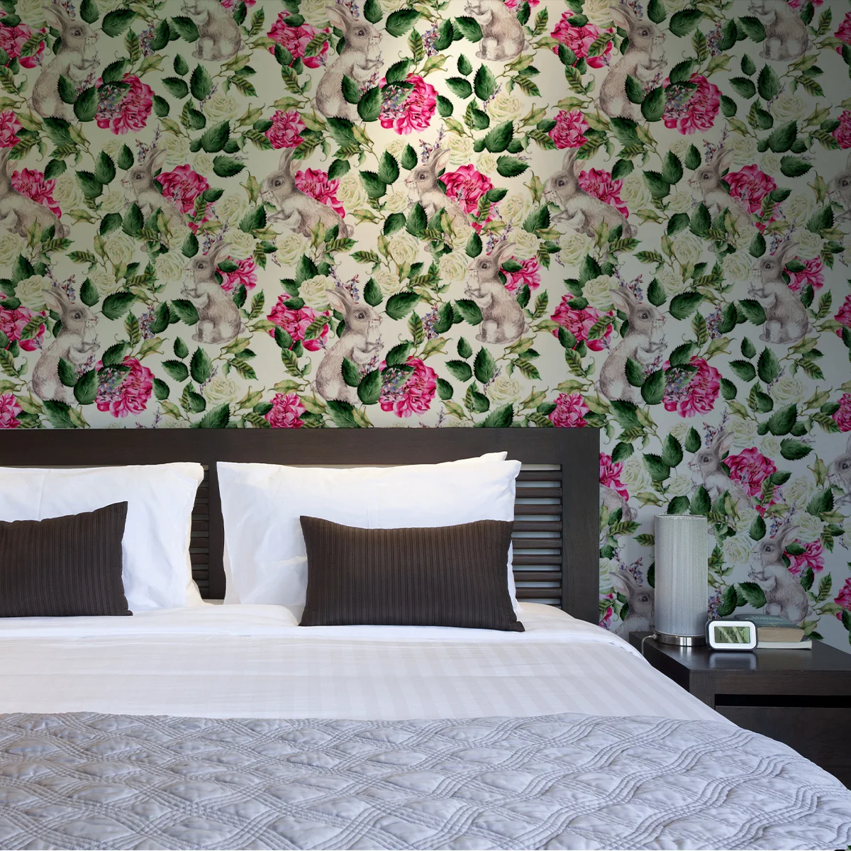 Nursery Peel and Stick Floral Pink Wallpaper Boho Rose Rabbit Animals Decorative Wall Paper for Girls Kids Bedroom
