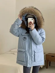 Women Winter Thick Warm Puffer Coat White Duck Down Medium-Long Jacket Female Hooded Loose Parka Real Raccoon Fur