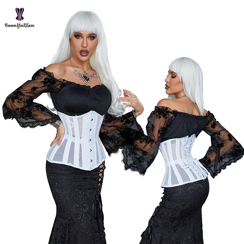 Plus Size XXS-6XL Fajas Reductoras Powernet Waist Trainer 12 Inches Mesh Hollow Out Steel Bone Corset Black White Korset Women