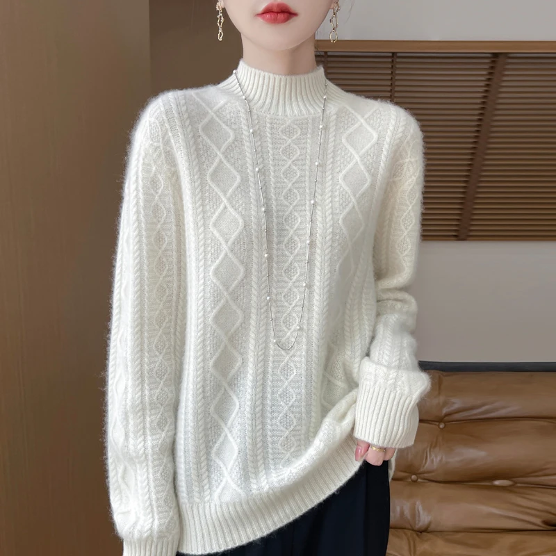 Miękki sweter z golfem z dzianiny wełny merino 100%, kaszmirowy pulower z długim rękawem, jednolity kolor, modny, ciepły, miękki damski top odzieżowy.