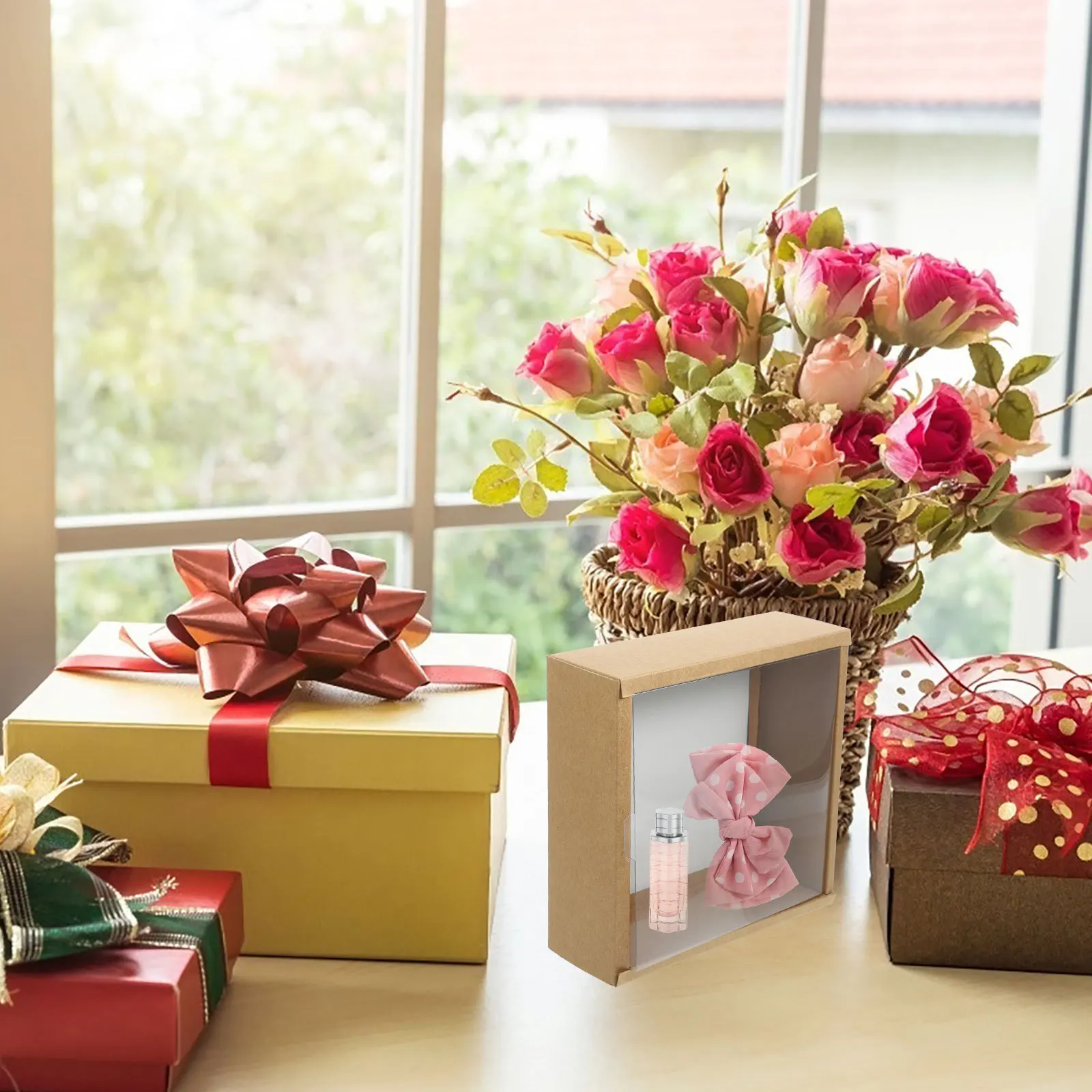 

5Pcs Gift Boxes Clear Window Paper Small Gift Packaging Boxes Party Favor Candy Container Wedding Chocolate Macaroons Storage