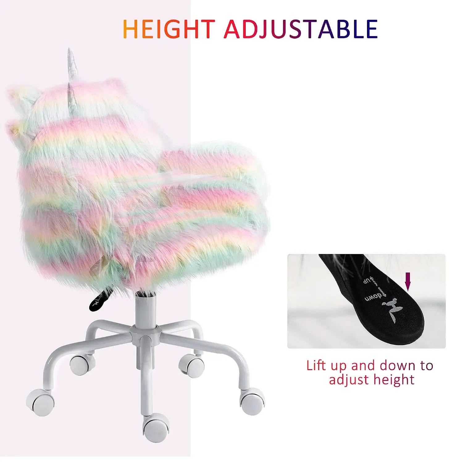 Fluffy Unicorn Office Chair, Mid-Back Support, Rainbow | with Armrest Support, 5 Star Swivel Wheel, White Base, Customized view 4
