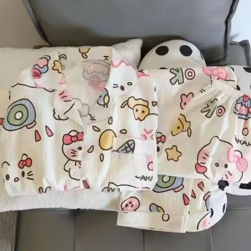 

Пижамы Sanrio из чистого хлопка для девочек, весенне-осенние, из облачного хлопка, с длинными рукавами и брюками, можно носить как верхнюю одежду, комплект для дома