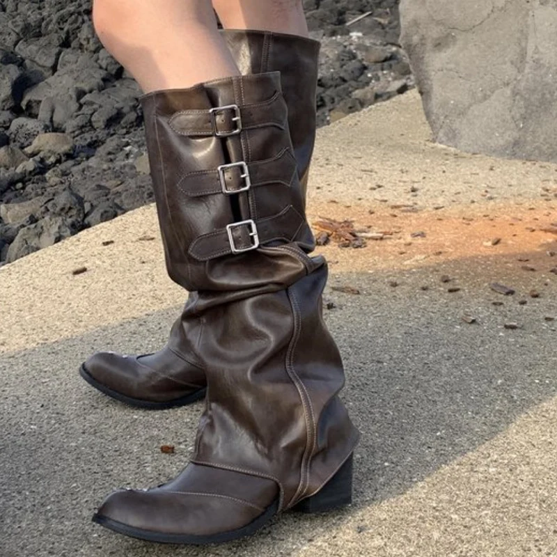 Folded pile boots, knee high boots, women's mid heeled shoes, 2023 winter trendy gladiator high boots, pump motorcycle
