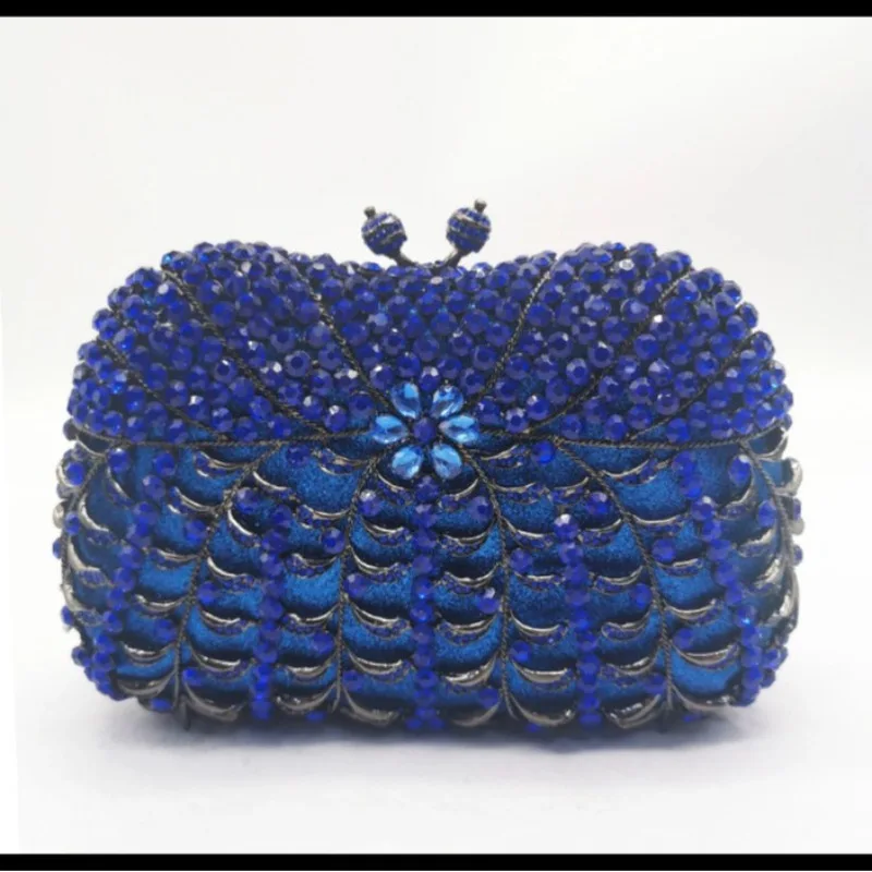 Royal Blue Fish Scale Floral Hollow Rhinestone Rectangle Clutch Luxury Chinese Style Evening Purse Mature Women Wedding Banquet view 2