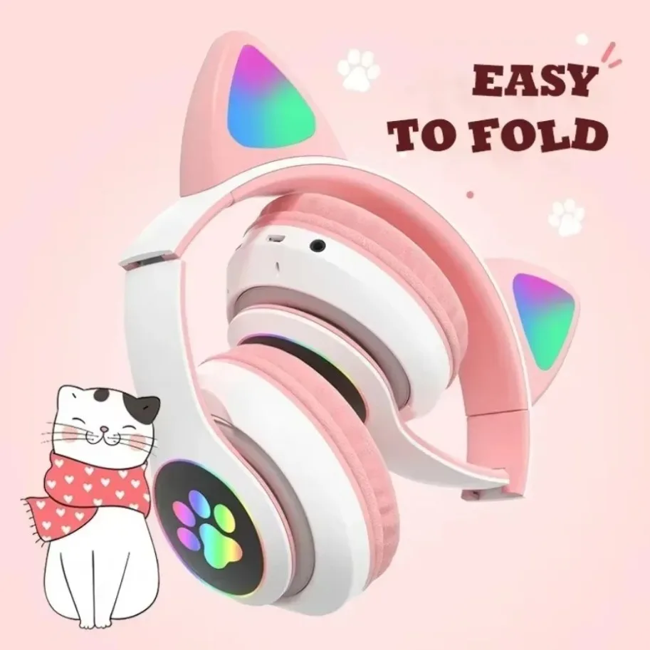 

2025 Flash Lamp Cute Cat Ears Headphone Bluetooth5.0 Stereo With Mic Support TF Card Wireless Kids Girl Earphone Birthday Gift