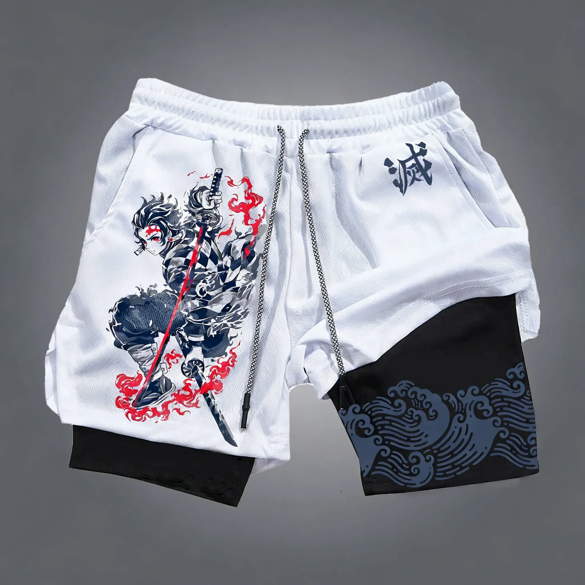 

Demon Slayer Men's Summer Shorts New Tanjiro Anime Printed Swimming Travel Quick Drying Breathable 2-in-1 Sports Shorts