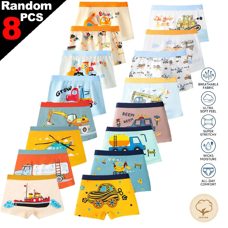 4/8 Pieces Random Patterns Boys Boxers Cotton Children's Underwear Figure Hero Dinosaur Excavator Print Boys Boxer Shorts Bottom