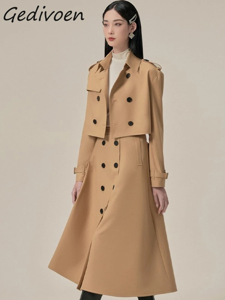 Gedivoen Autumn Fashion Runway Champagne Vintage Skirt Set Women Lapel Button Short Coats+High Waist Slim Long Skirt 2 Piece Set