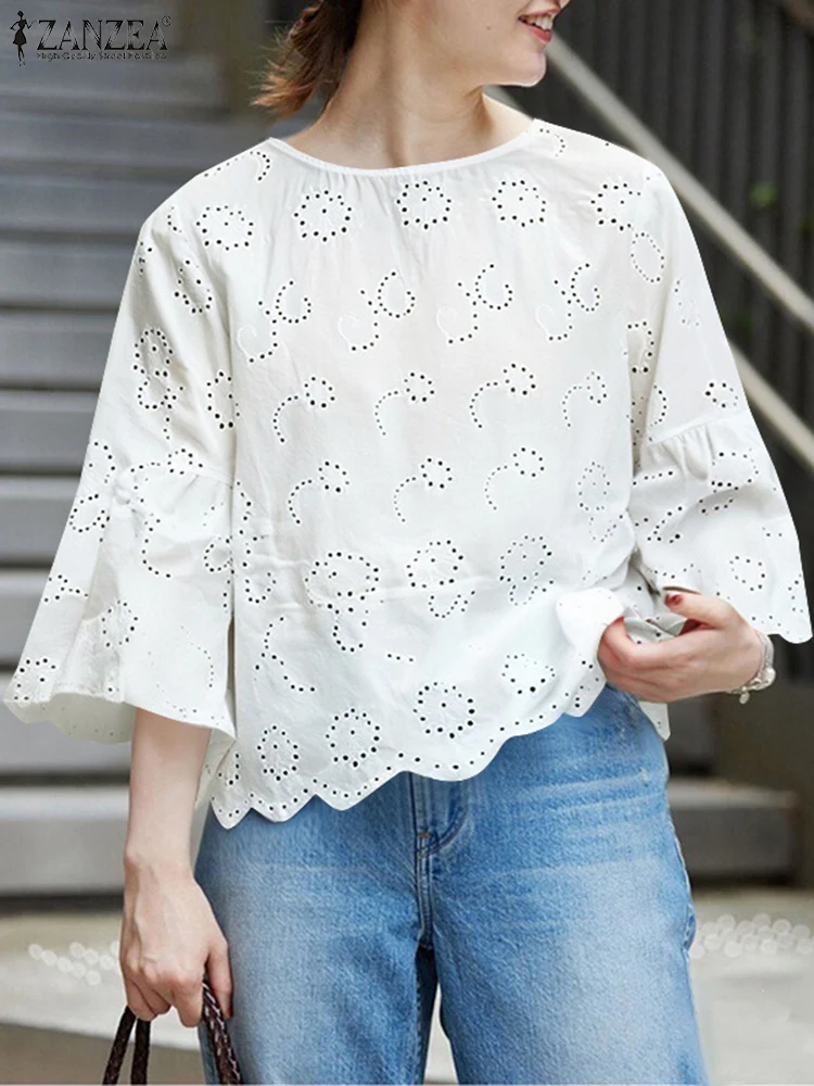 

Stylish Hollow Out Holiday Blouses ZANZEA Summer Women Tops Elegant 3/4 Flared Sleeve Work Blusas Bohemain Loose Shirt Oversize