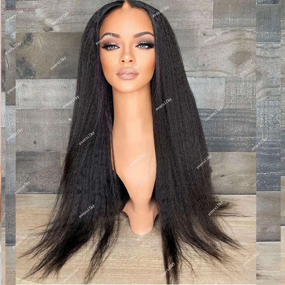 Light Yaki Straight Black Brown Natural Human Hair V Part Wigs Unprocessed U Shape 250Density Dark Brown Kinky Straight Full End