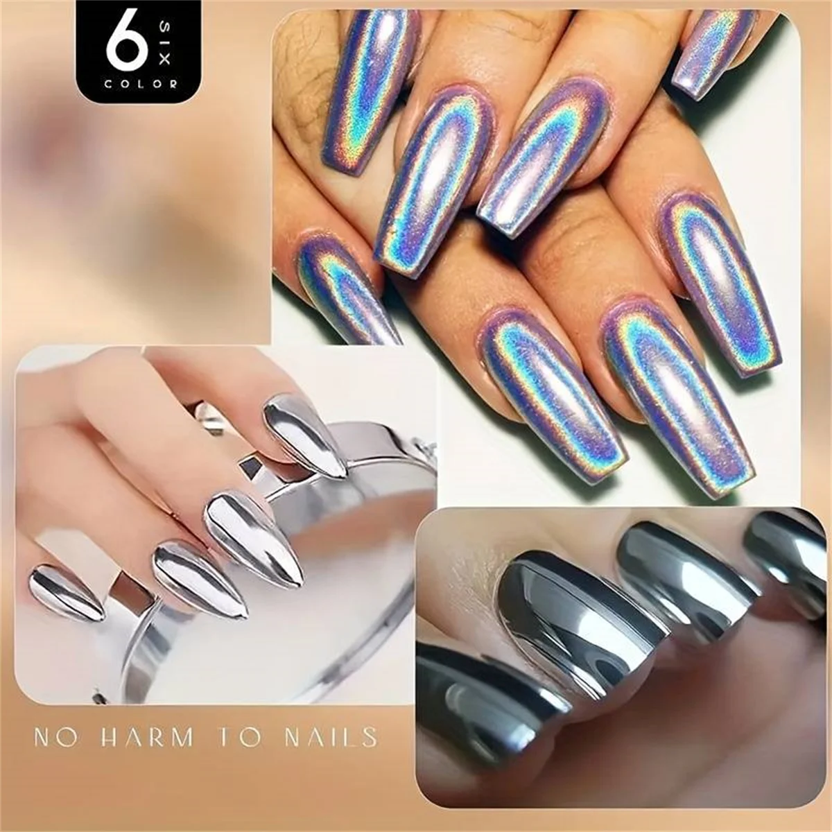 1 ชุด 6pcs Magic Mirror Powder โครเมียมเล็บผง 3D Holographic Aurora Pearl Gradient Rainbow Nail Art Creation DIY Y2K
