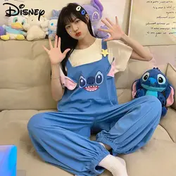 Disney Stitch Pure Cotton New Sleepwear Women's Summer Korean Version Casual Pajamas Cute Cartoon One-piece Style Home Suit Set