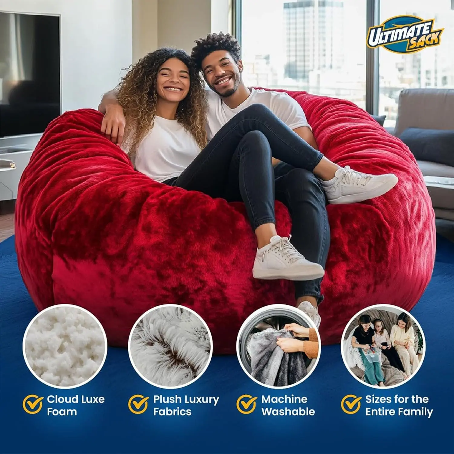 6000 6-Foot Bean Bag Chair, Red Suede Cover – Oversized Foam Lounger, Floor Seat, Small Sofa, or Couch Bed for Living, Custom view 5