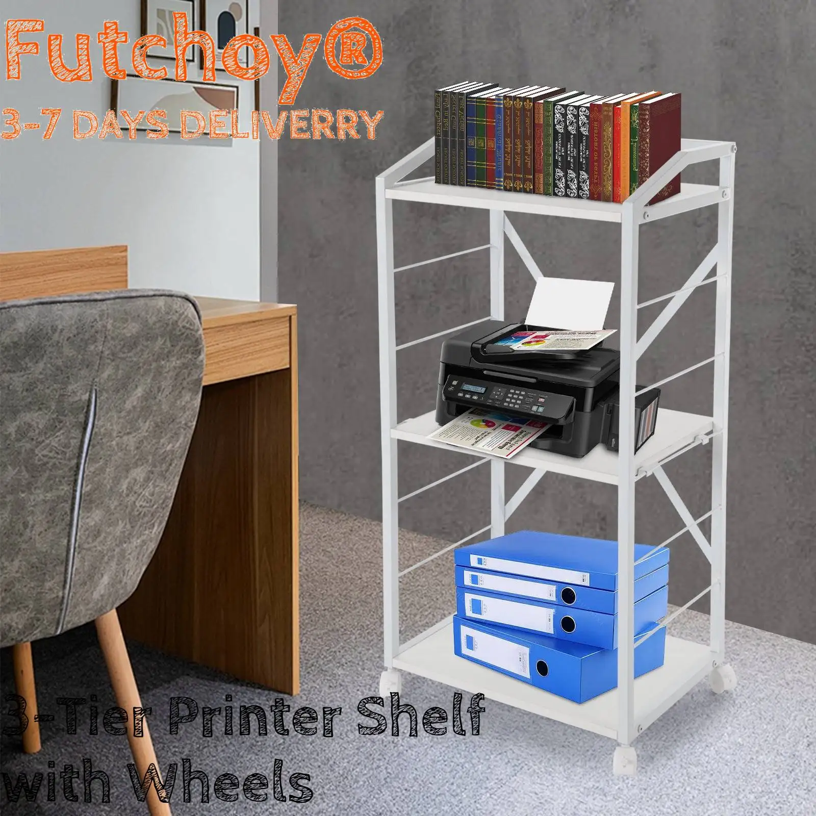 

Mobile Printer Stand, Modern Storage 3-Tier Shelf with Wheels as a kitchen organizer, plant for bedroom, balcony, study, office