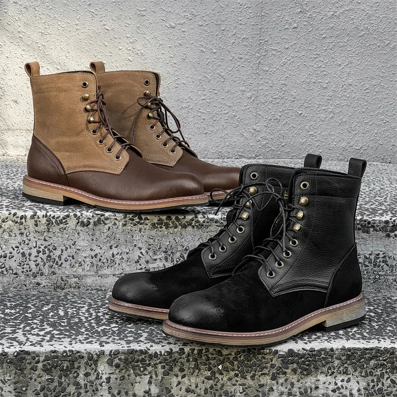 

Men's British Retro Work Boots Platform Sole Chunky Lace Up Ankle Boots Custom Made Comfortable Two-Tone Outdoor Casual Shoes