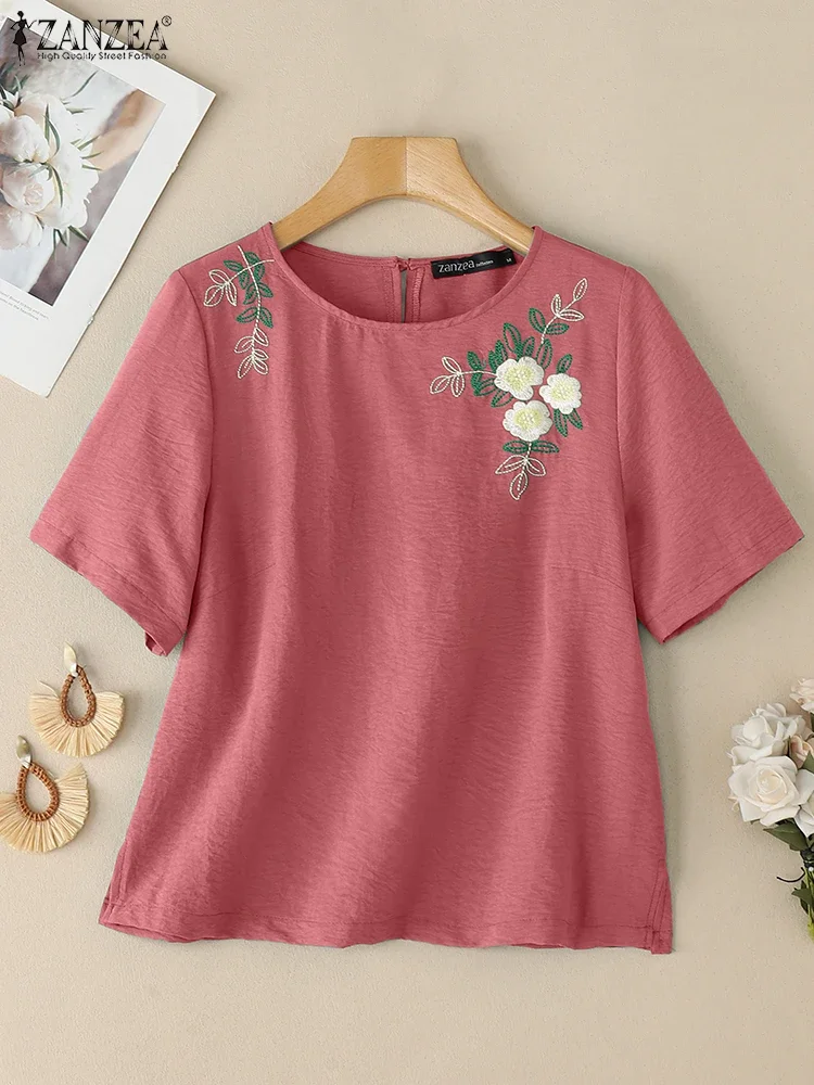 Zanzea 2025 mulheres verão bordado topos camisas de manga curta o pescoço casual blusa vintage solta túnica moda impressão blusas femme
