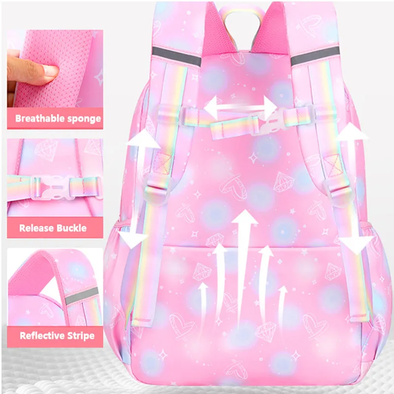 Cartoon Primary Students School Bag Gradient Children\'s Backpack for Girls Teens Kids 180° Side-Open Kid\'s Bag