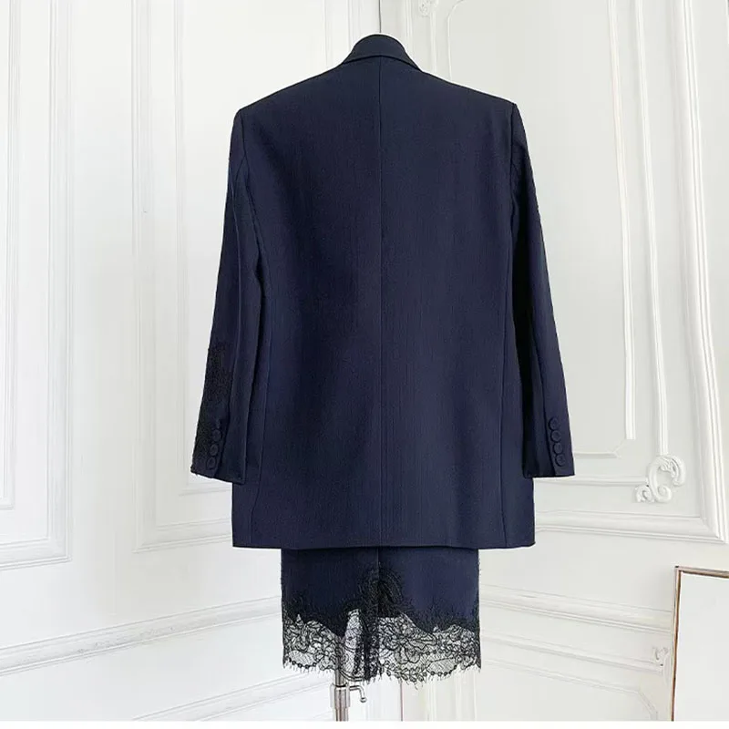 Women's Commuter Blazer, Lace-Panel Striped Jacket, Straight-Cut Skirt Set, High-Quality Oversized Jacket, 2026, New Arrival,