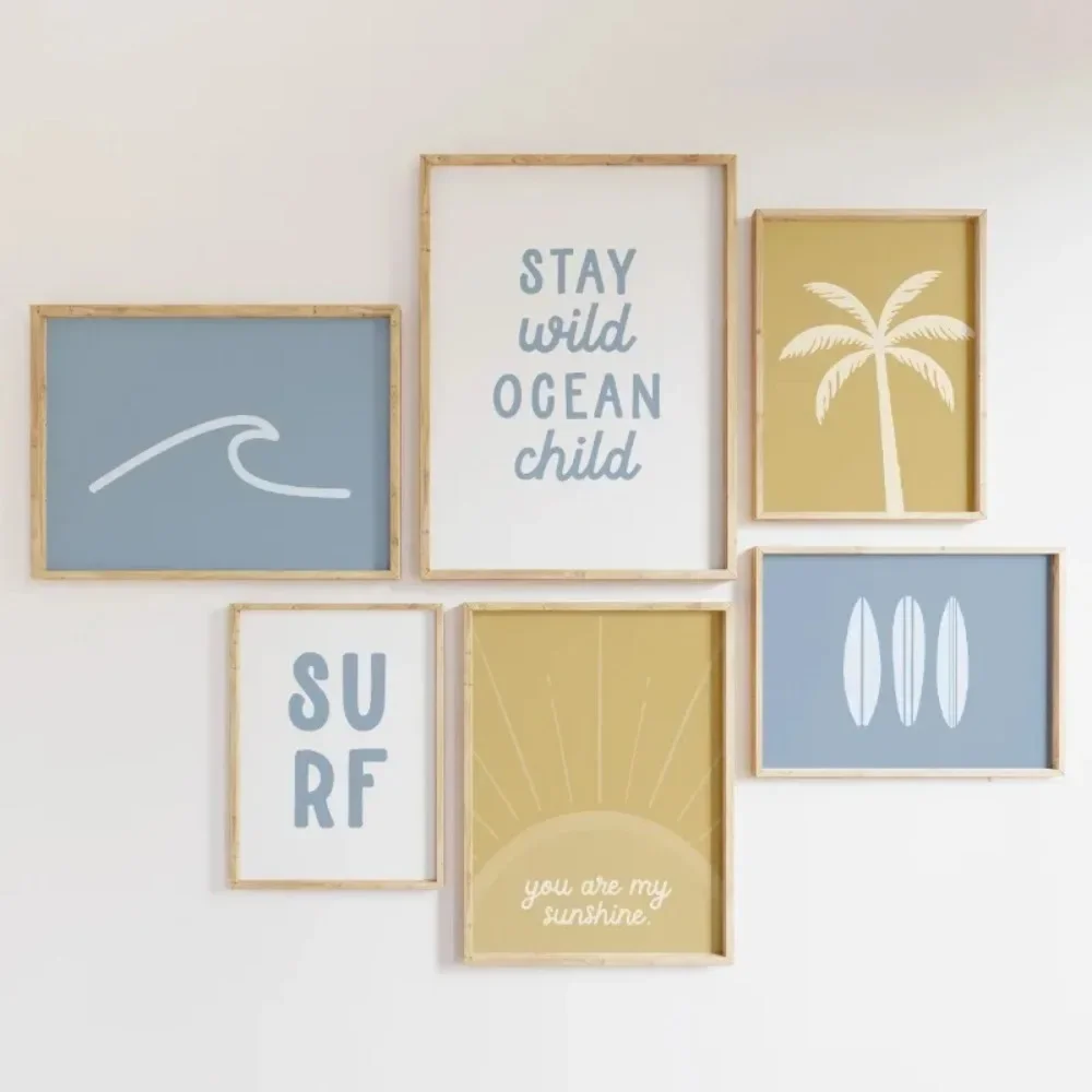 （2D Canvas painting） Boho Beach Surfer Sunset Minimalism Surfboard Sea Wave Poster Canvas Printing Wall Art Living Room Decor