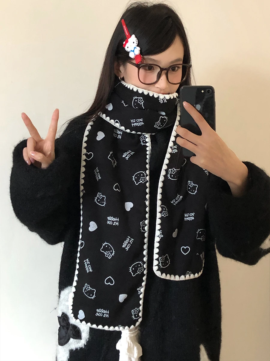 Red Cute Kitten Scarf For Women 2025 New Winter Korean Style Atmosphere Warm Scarf