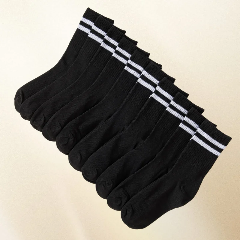 Calcetines de tubo alto de longitud media para mujer, conjunto de 10 pares de medias de alta calidad en color blanco y negro sólido, barras paralelas populares