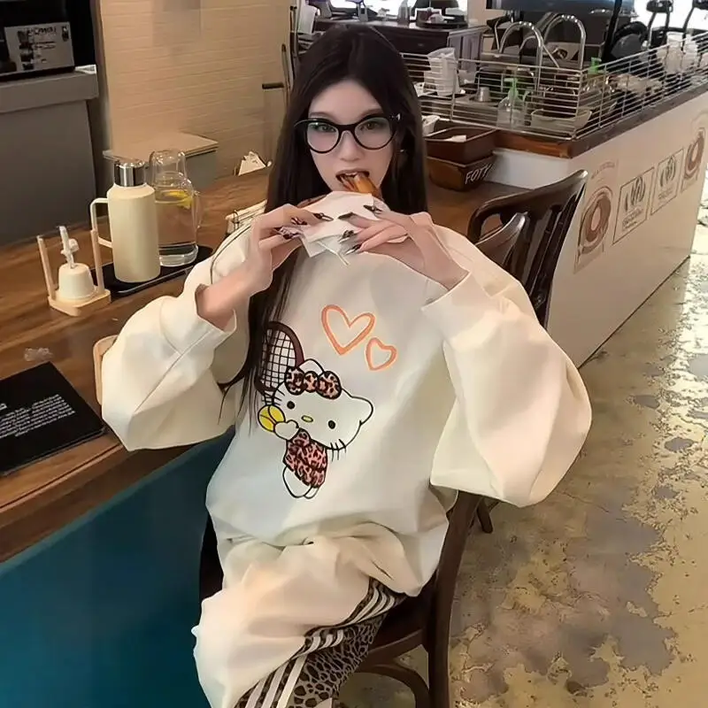 Vintage Kitty Print Rundhalspullover Harajuku Hoodie Damen Herbst Sweatshirt Kawaii Hello Kitty Sweatshirts