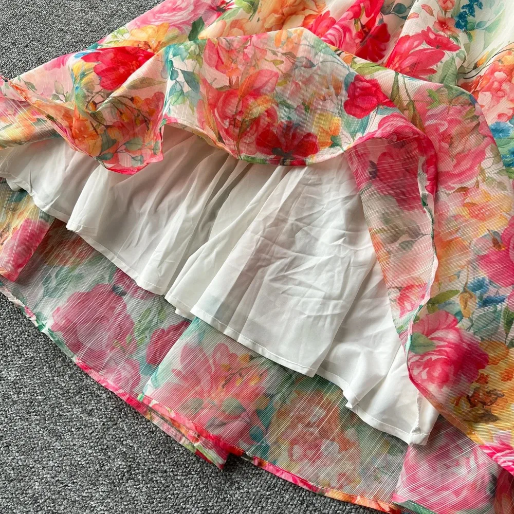 Elegant Lantern Sleeve Vintage O-neck Chic Print Breasted Top Slim High Waist Mesh Skirt French Vacation High Street Autumn Sets