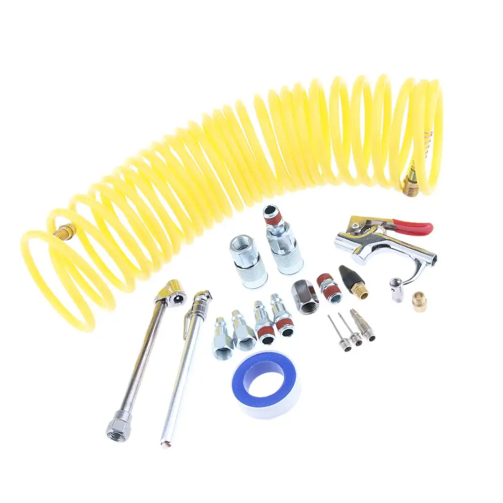 1/4 NPT Air Accessory Kit 20 Pieces, Air Compressor Hose Tool kit with Coil nylon Hose/Blow Gun/Tire Gauge