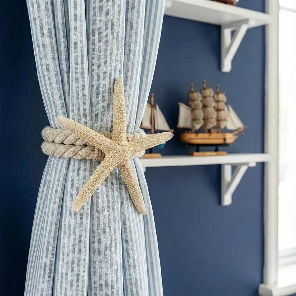 2-Pack Coastal Beach Theme Starfish Curtain Tiebacks, Nautical Rope Holdbacks for Home Decor