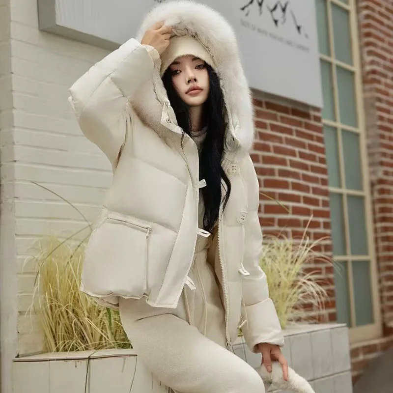 Thickening Top 2024 Winter Fox Big Fur Collar Down Jacket Women High Quality White Duck Down Warm Hooded Women\'s Down Jacket H93