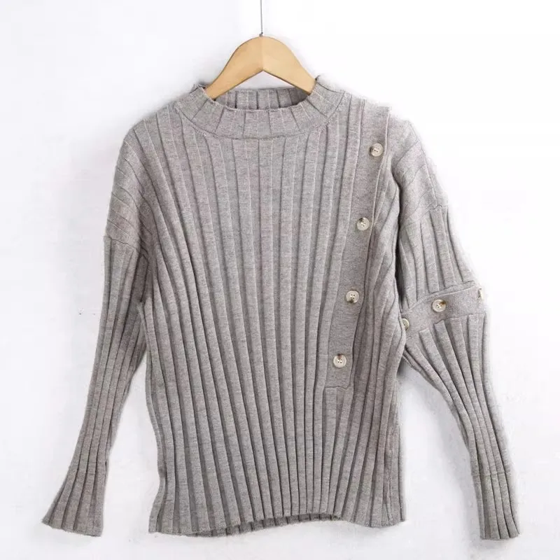 

Autumn Winter Diagonal Button Knitted Sweater f High Collar Long Sve Batwing Striped Fce Thermal Women's Top