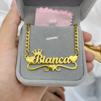 Colar com nome personalizado com coração, corrente cubana personalizada para meninas, colar dourado de aço inoxidável personalizado para presente feminino