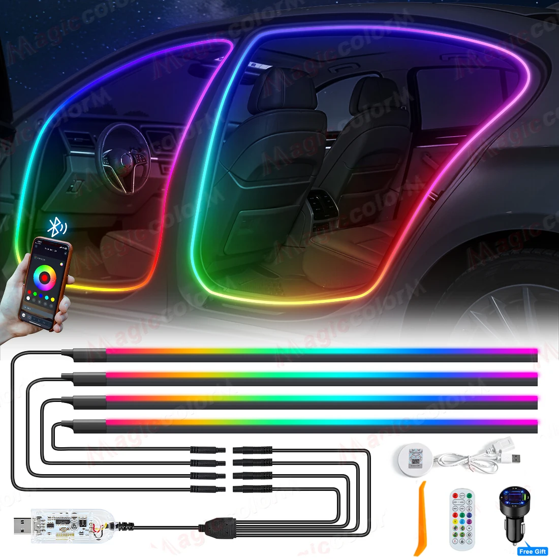 3M 2-IN-1 Full Color Acrylic Car Door Ambient Light 60S Module Hidden LED Strip APP Control Universal Music Sync Interior Decor