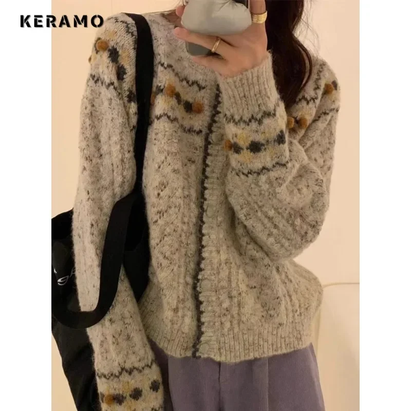 2023 Winter Casual Long Sleeve Office Lady Knitting Cardigans Women\'s Fashion Round Neck Dot Printting Elegant Sweater Top